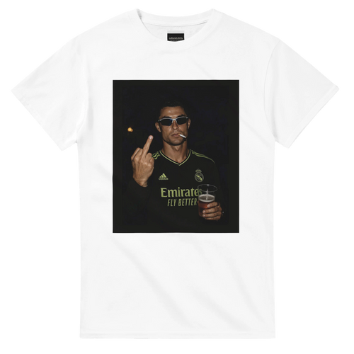 White crew-neck T-shirt with square portrait graphic and gold lettering