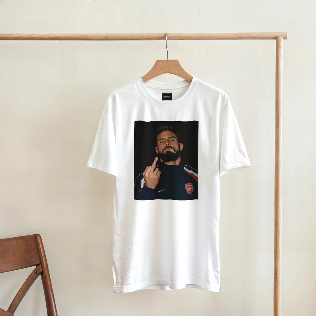White crew-neck T-shirt with square portrait graphic on the front, hanging