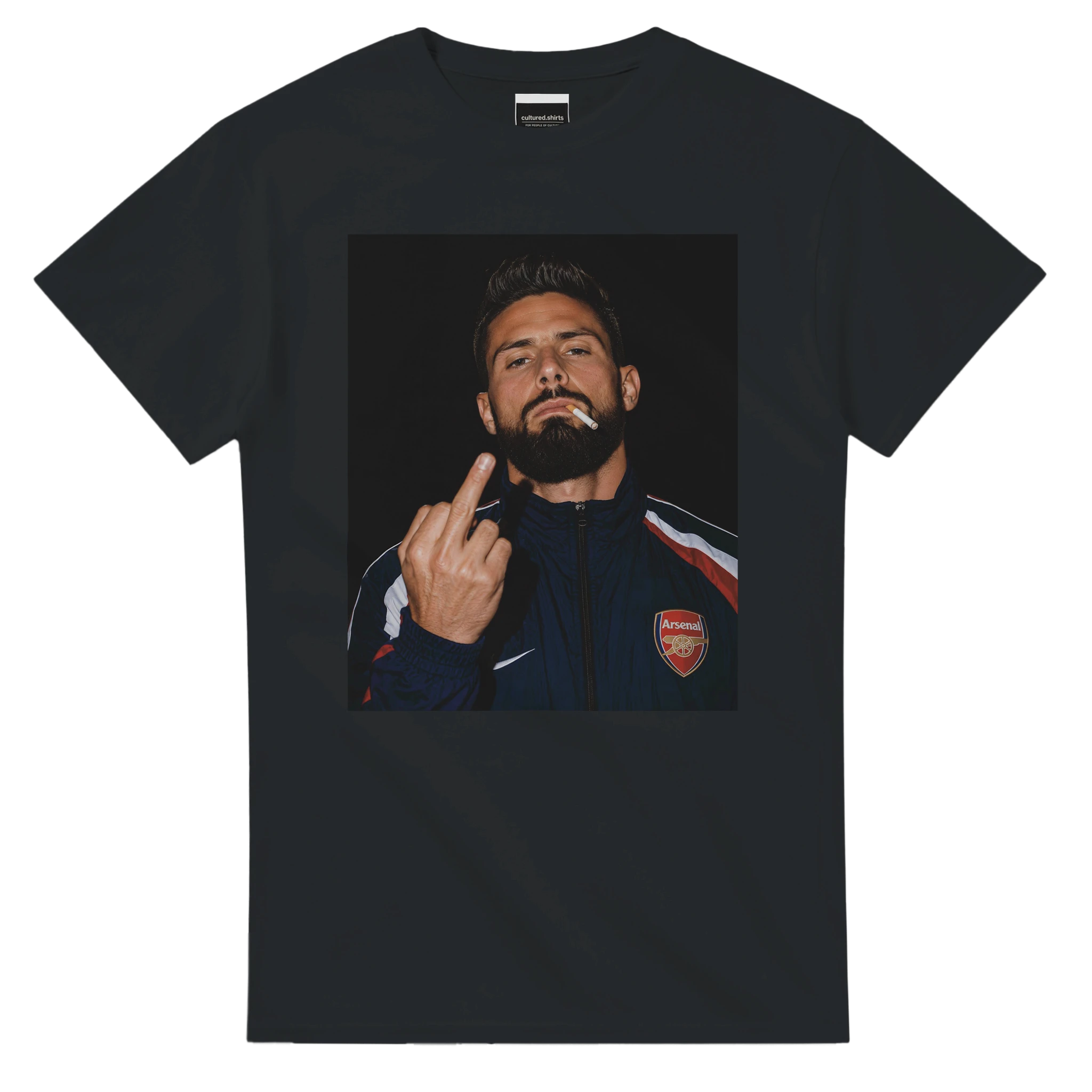 Black crew-neck T-shirt with square portrait graphic on the front