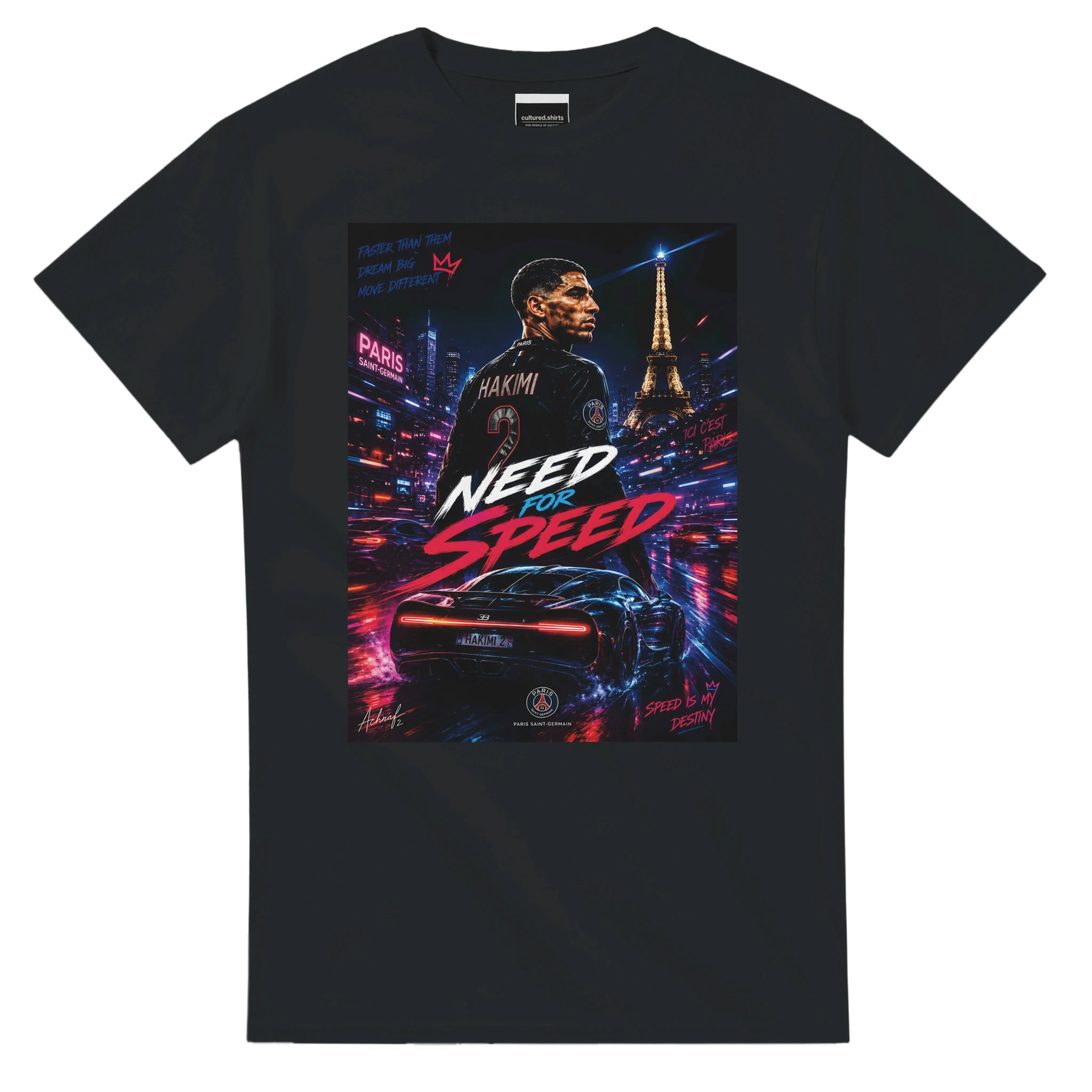 Black T-shirt with square street-city graphic and “Need for Speed” text
