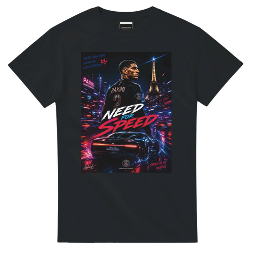 Black T-shirt with square street-city graphic and “Need for Speed” text