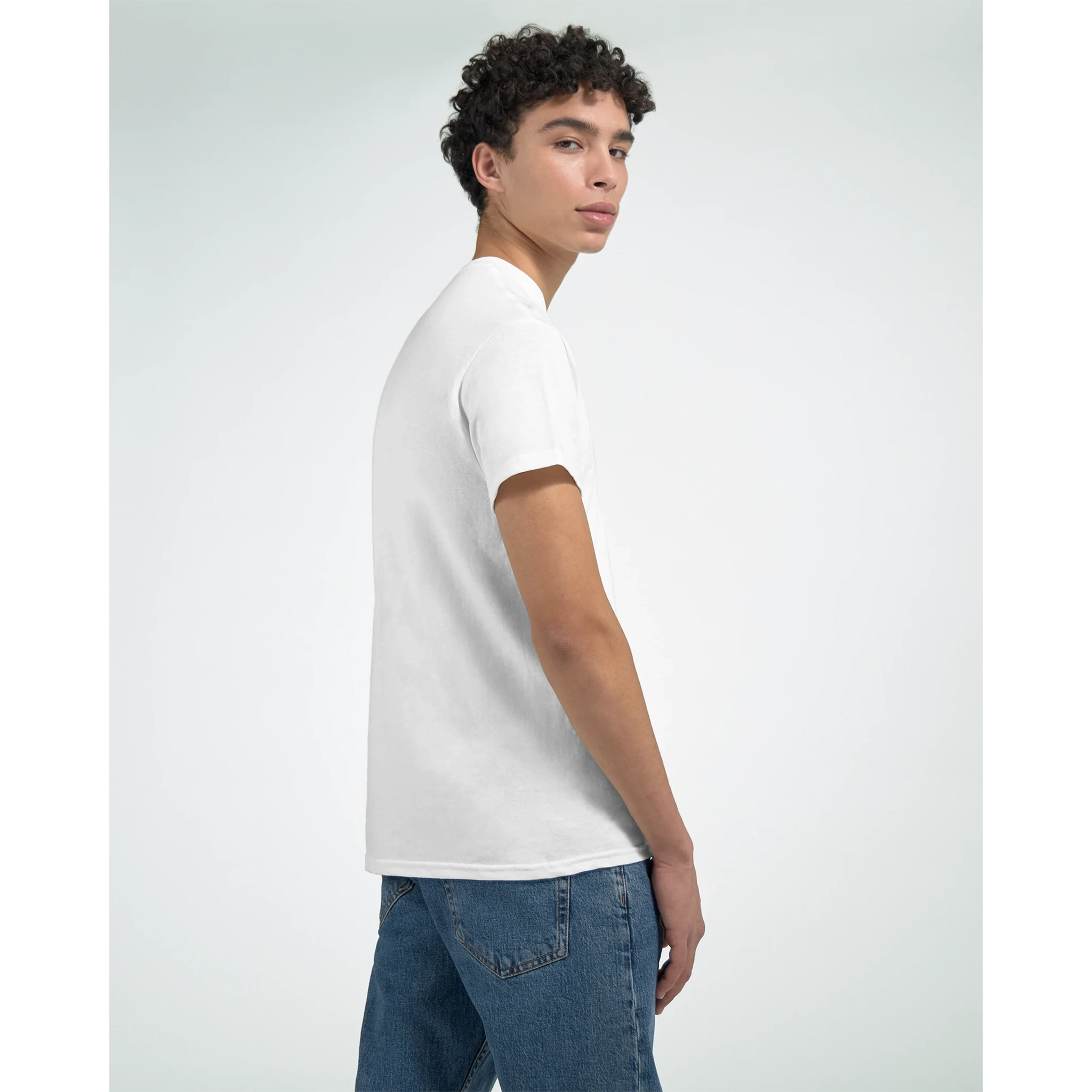 White crew-neck T-shirt with front graphic, side view on model
