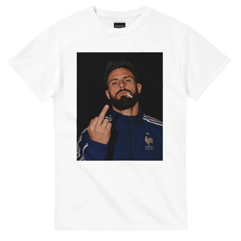 White T-shirt with centered portrait graphic of a bearded man in a blue jacket