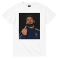 White T-shirt with centered portrait graphic of a bearded man in a blue jacket