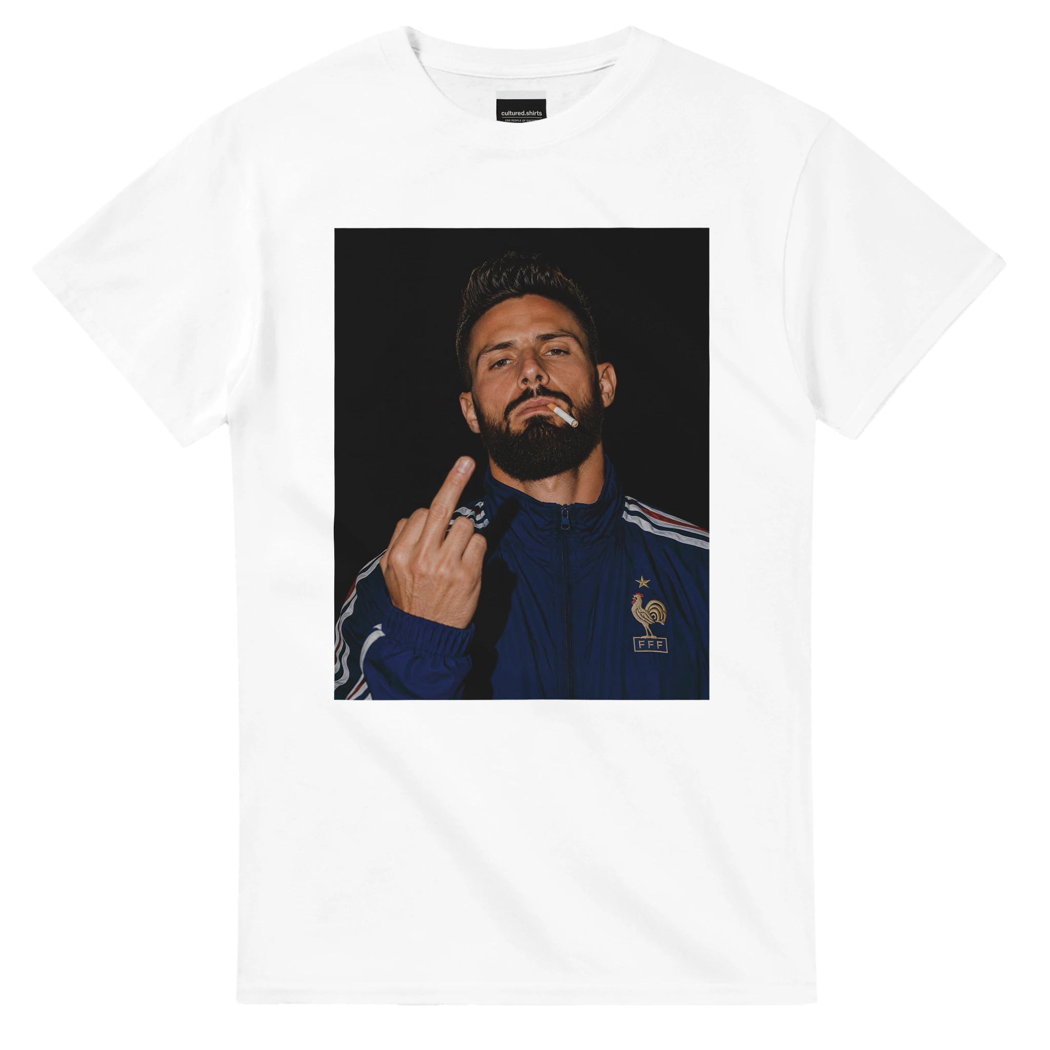 White T-shirt with centered portrait graphic of a bearded man in a blue jacket