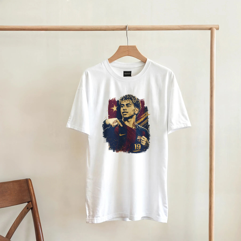 White T-shirt on hanger with chest Lamine portrait graphic and stars