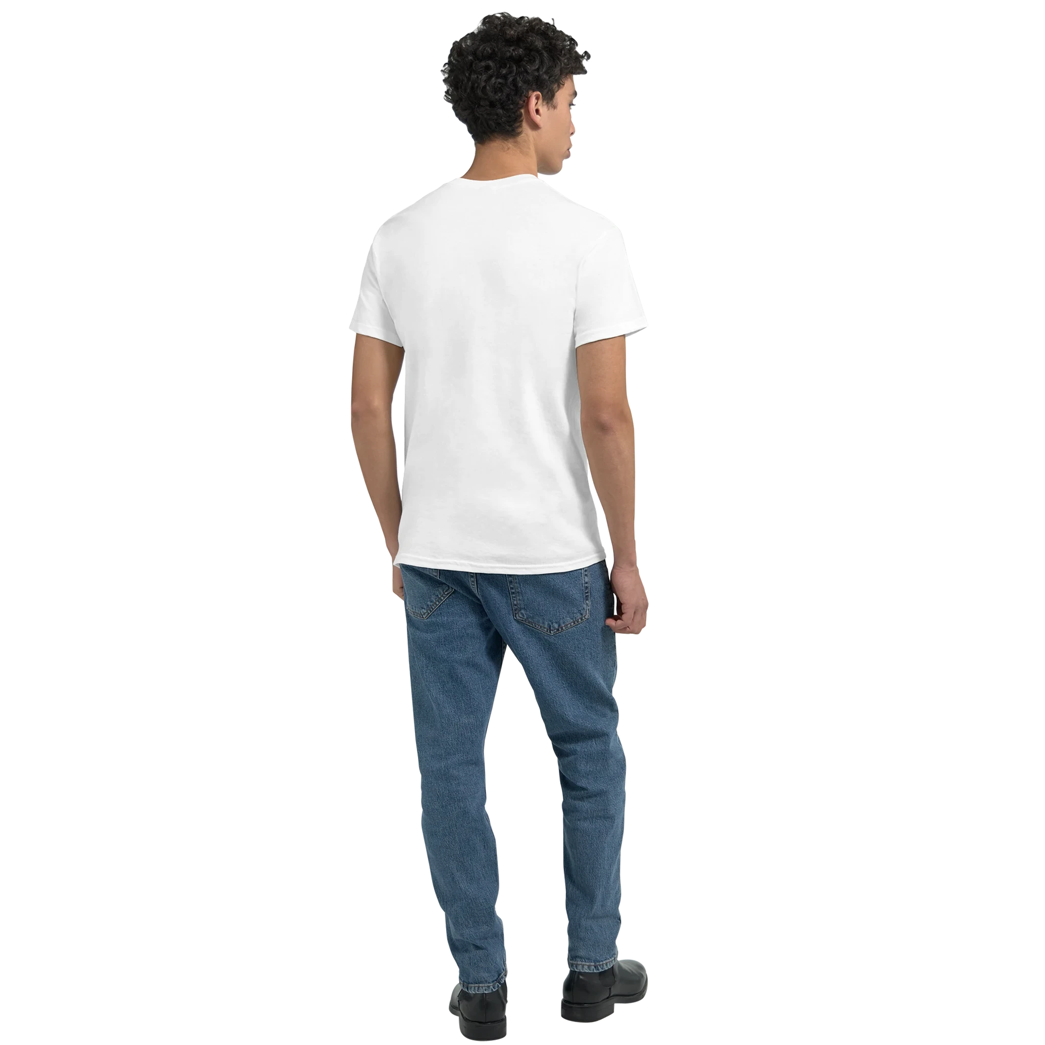White T-shirt back view with plain fabric and crew neck