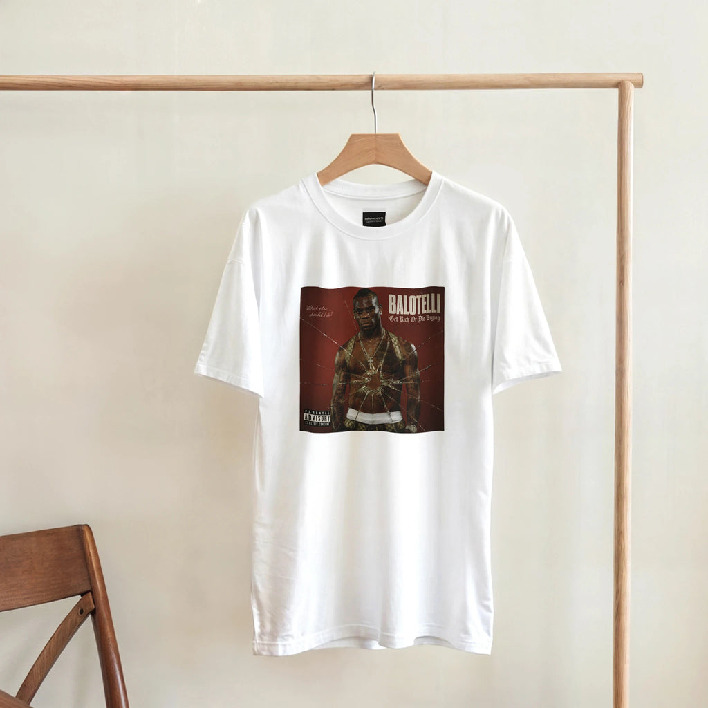White graphic T-shirt with Balotelli portrait in red square front print