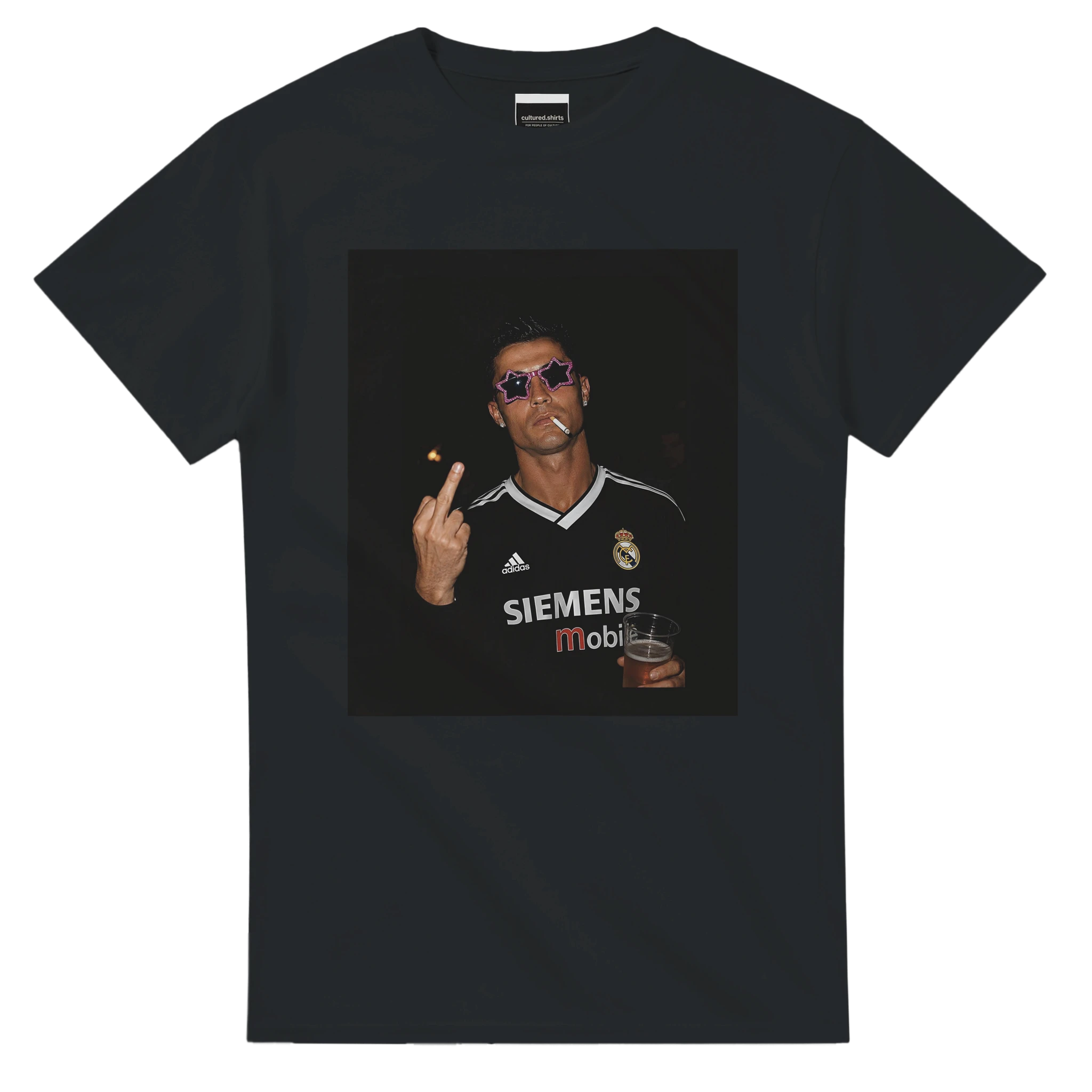 Black cotton T-shirt with front portrait graphic and 'SIEMENS' print