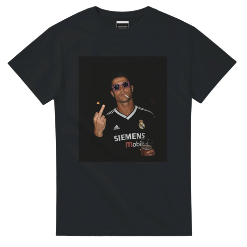 Black cotton T-shirt with front portrait graphic and 'SIEMENS' print