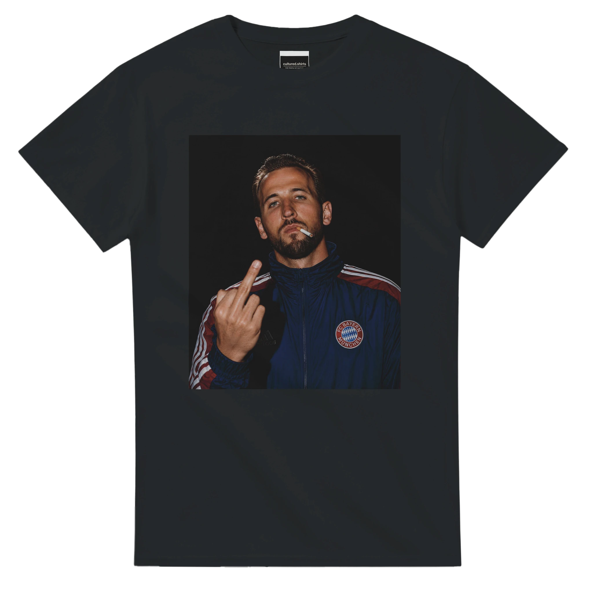Black cotton graphic football tee with square portrait print