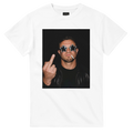 Men's white football T-shirt with front portrait graphic and star sunglasses