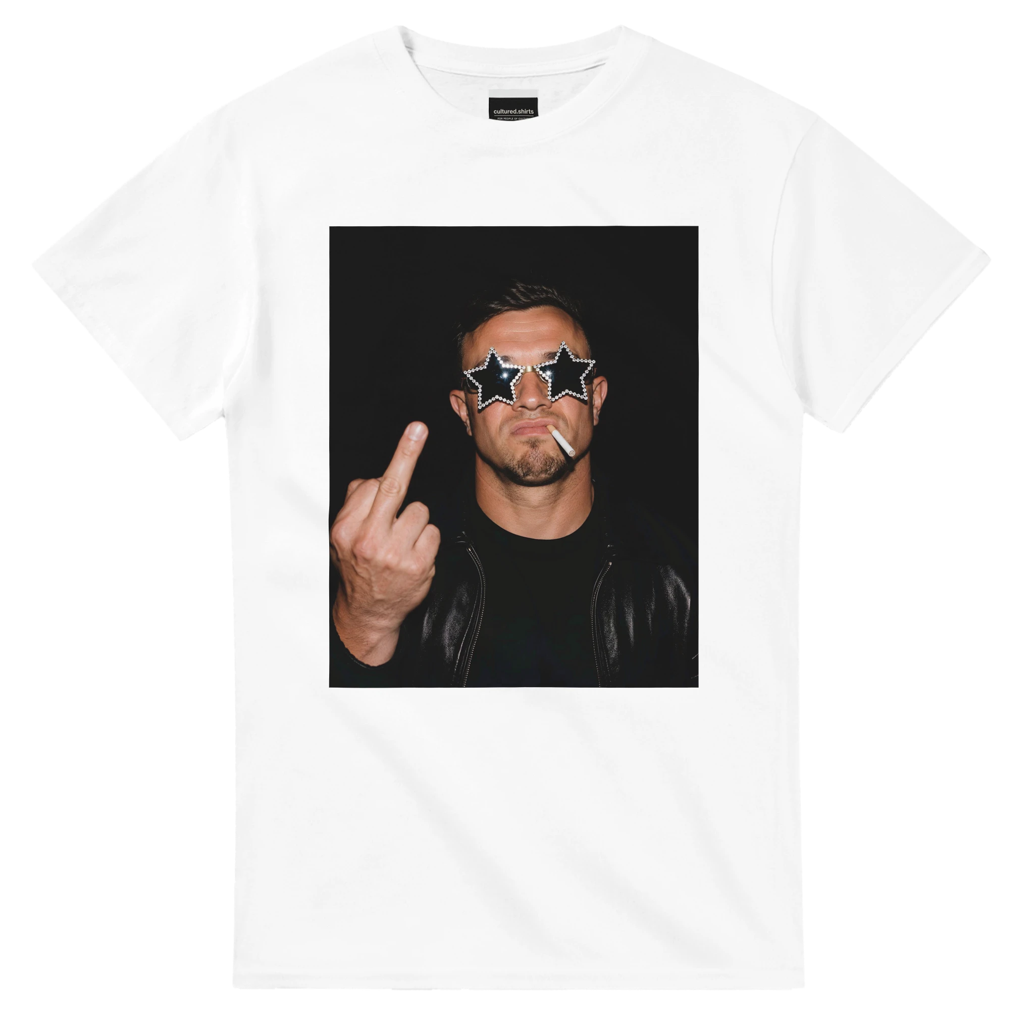 Men's white football T-shirt with front portrait graphic and star sunglasses
