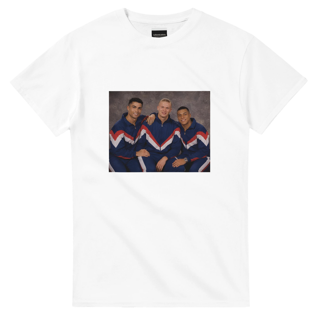 White crewneck T-shirt with rectangular retro soccer player graphic on chest.