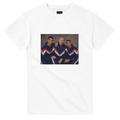 White crewneck T-shirt with rectangular retro soccer player graphic on chest.