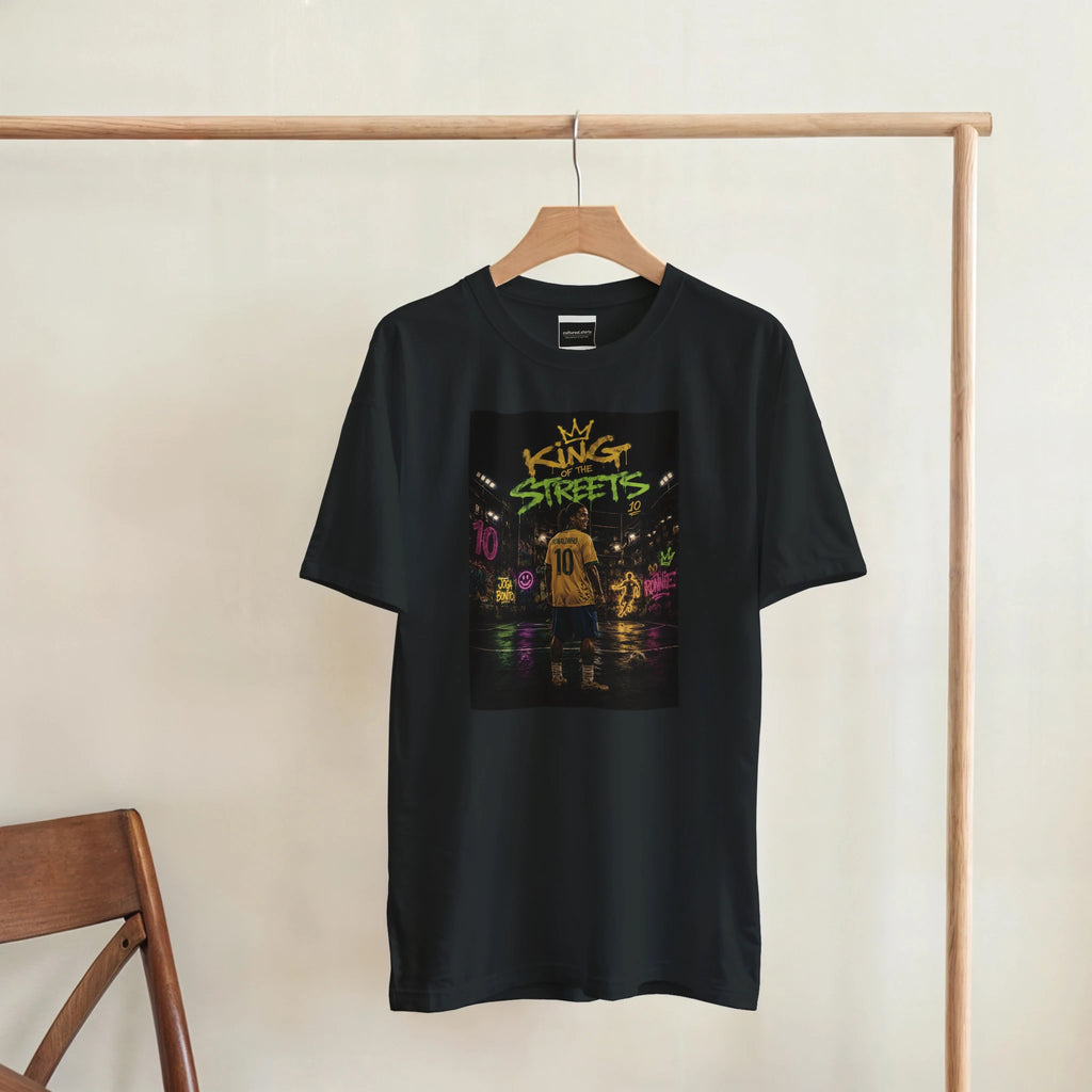Black T-shirt hanging on a rack with centered square street football graphic