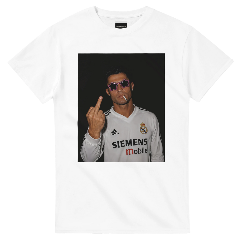 White crewneck T-shirt with front square photo graphic of Ronaldo holding up fingers
