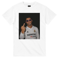 White crewneck T-shirt with front square photo graphic of Ronaldo holding up fingers