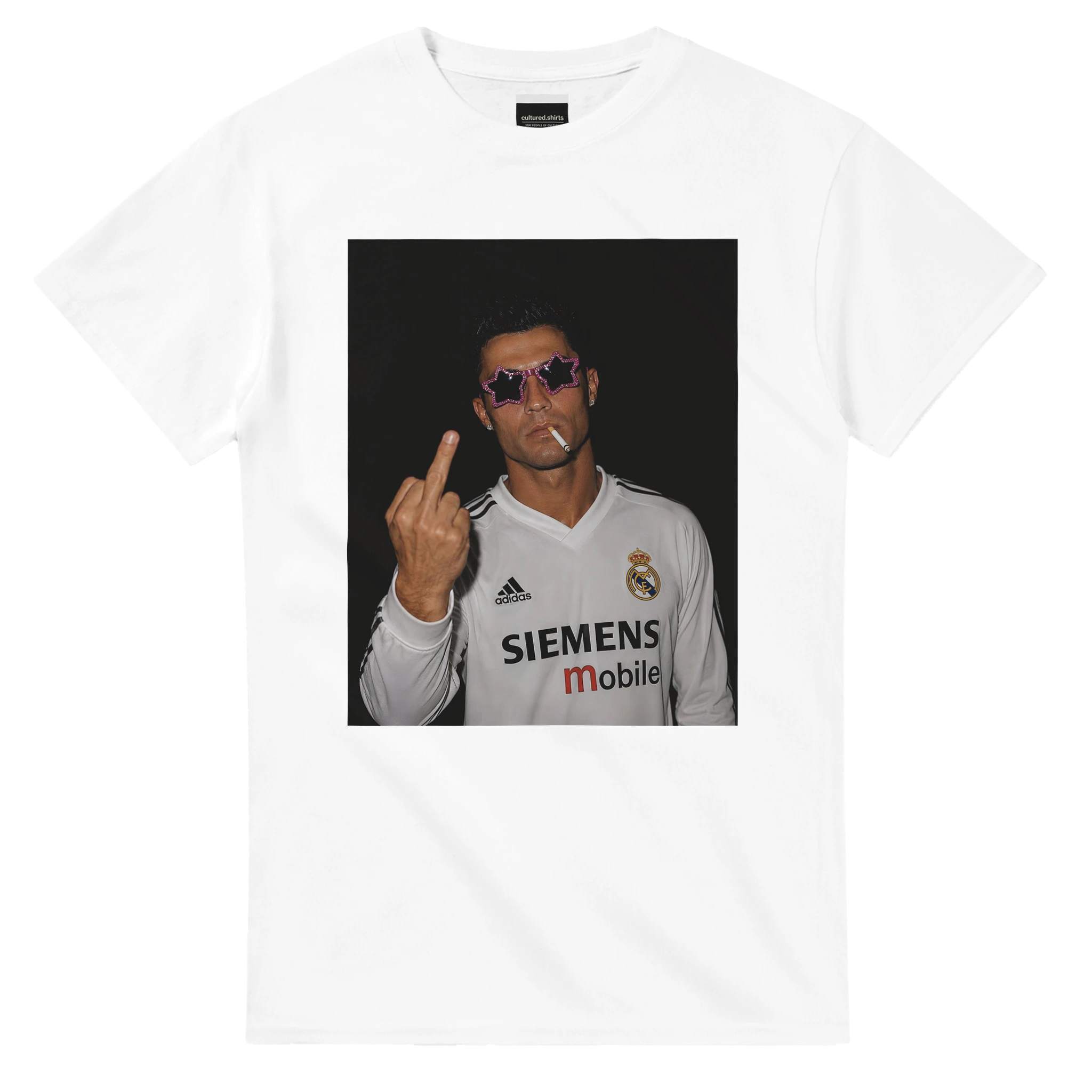 White crewneck T-shirt with front square photo graphic of Ronaldo holding up fingers