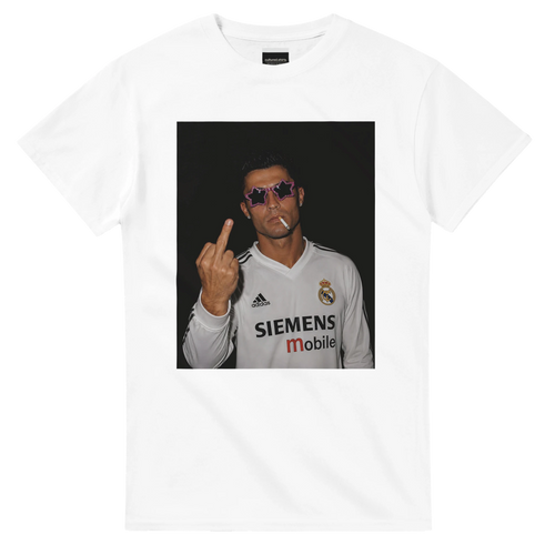 White crewneck T-shirt with front square photo graphic of Ronaldo holding up fingers