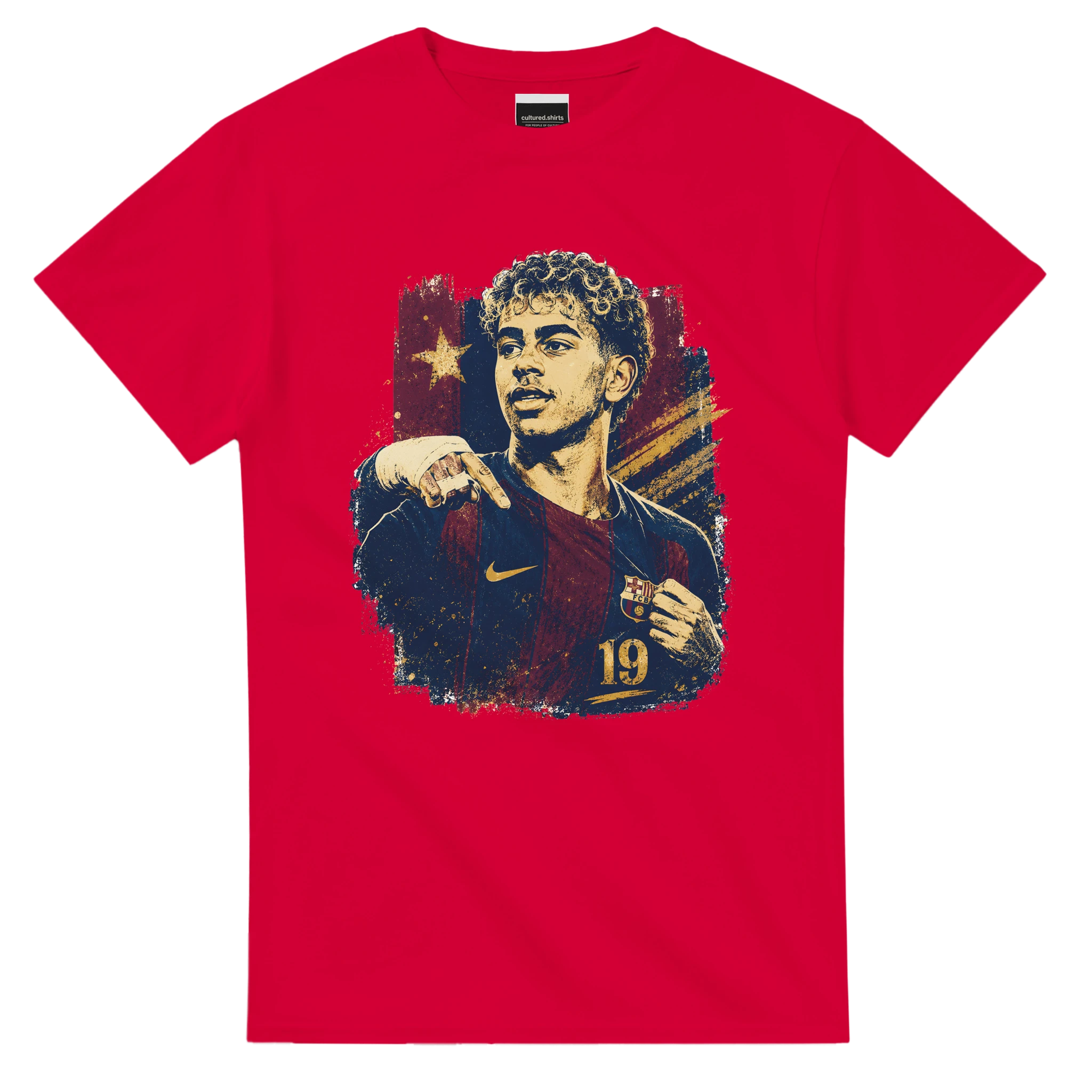 Red T-shirt with Lamine portrait graphic and stars on the chest