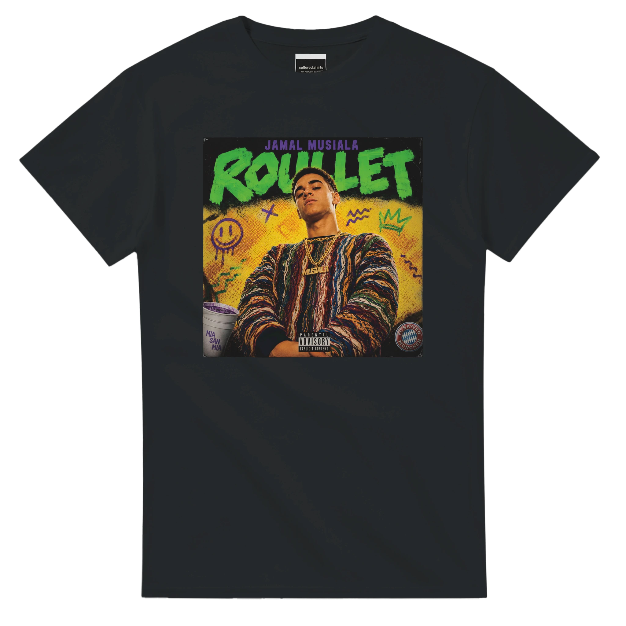 Black crew-neck T-shirt with “ROULET” graphic portrait on the front