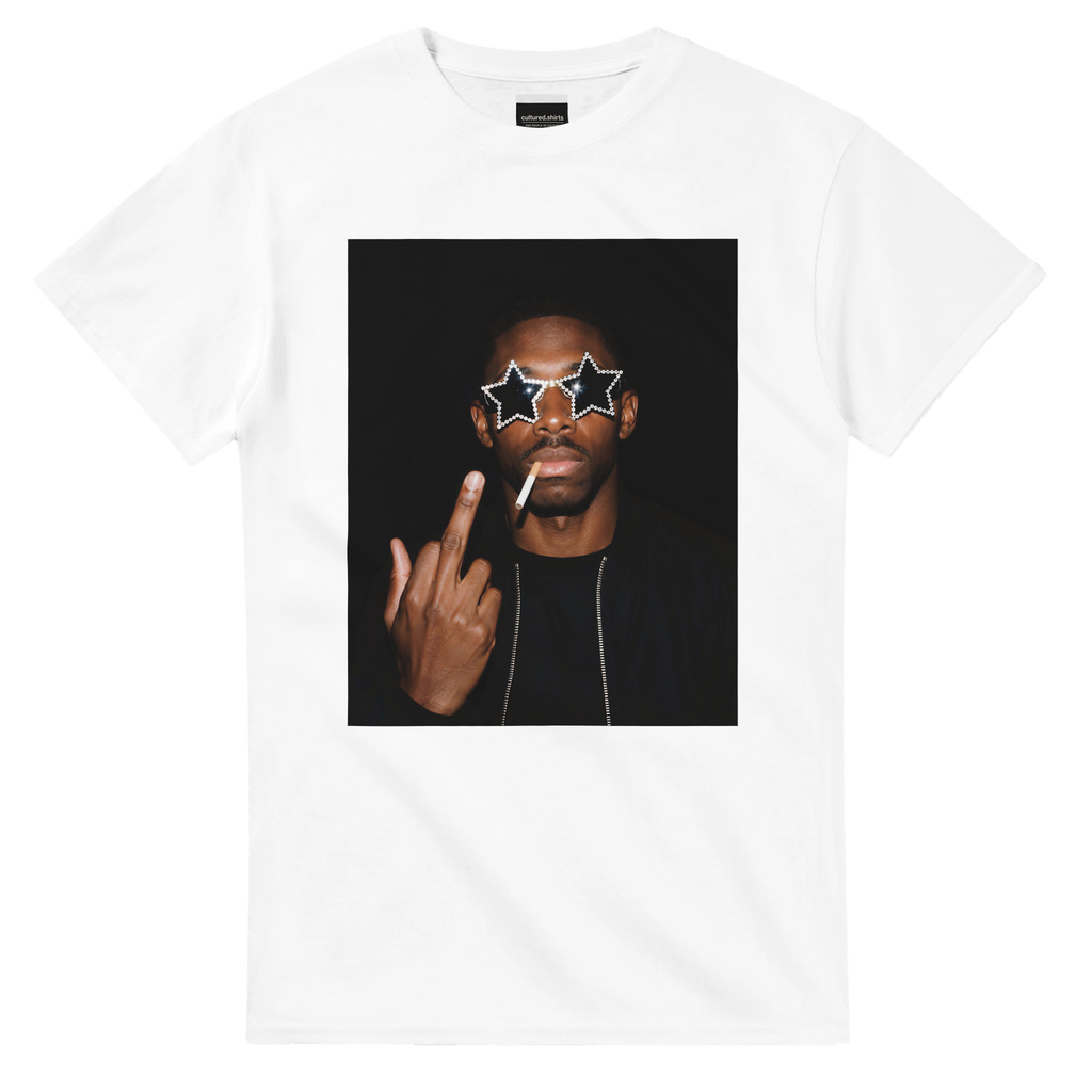 White graphic football T-shirt with portrait and star sunglasses print