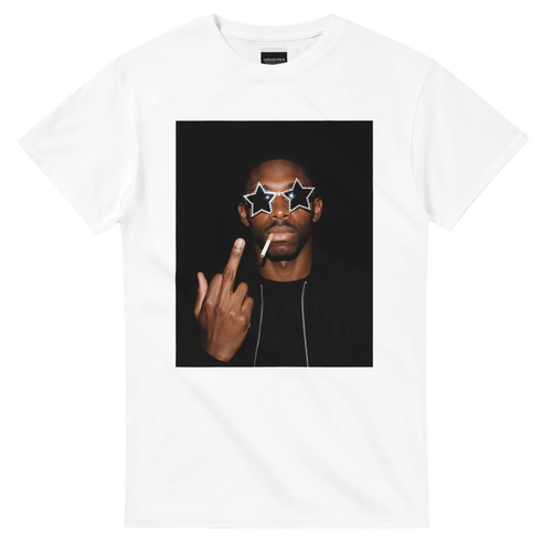 White graphic football T-shirt with portrait and star sunglasses print