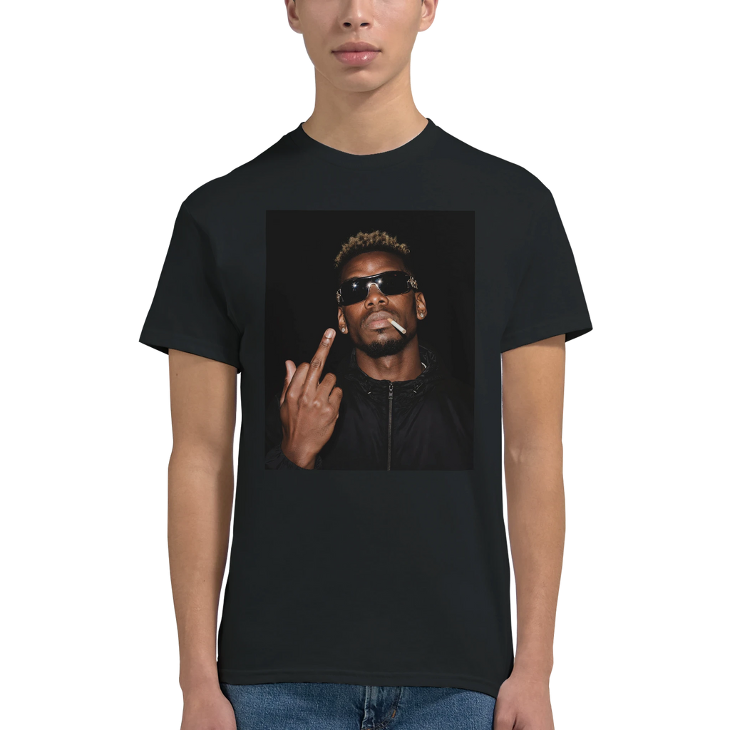 Black T-shirt with centered portrait graphic; man in sunglasses making a peace sign