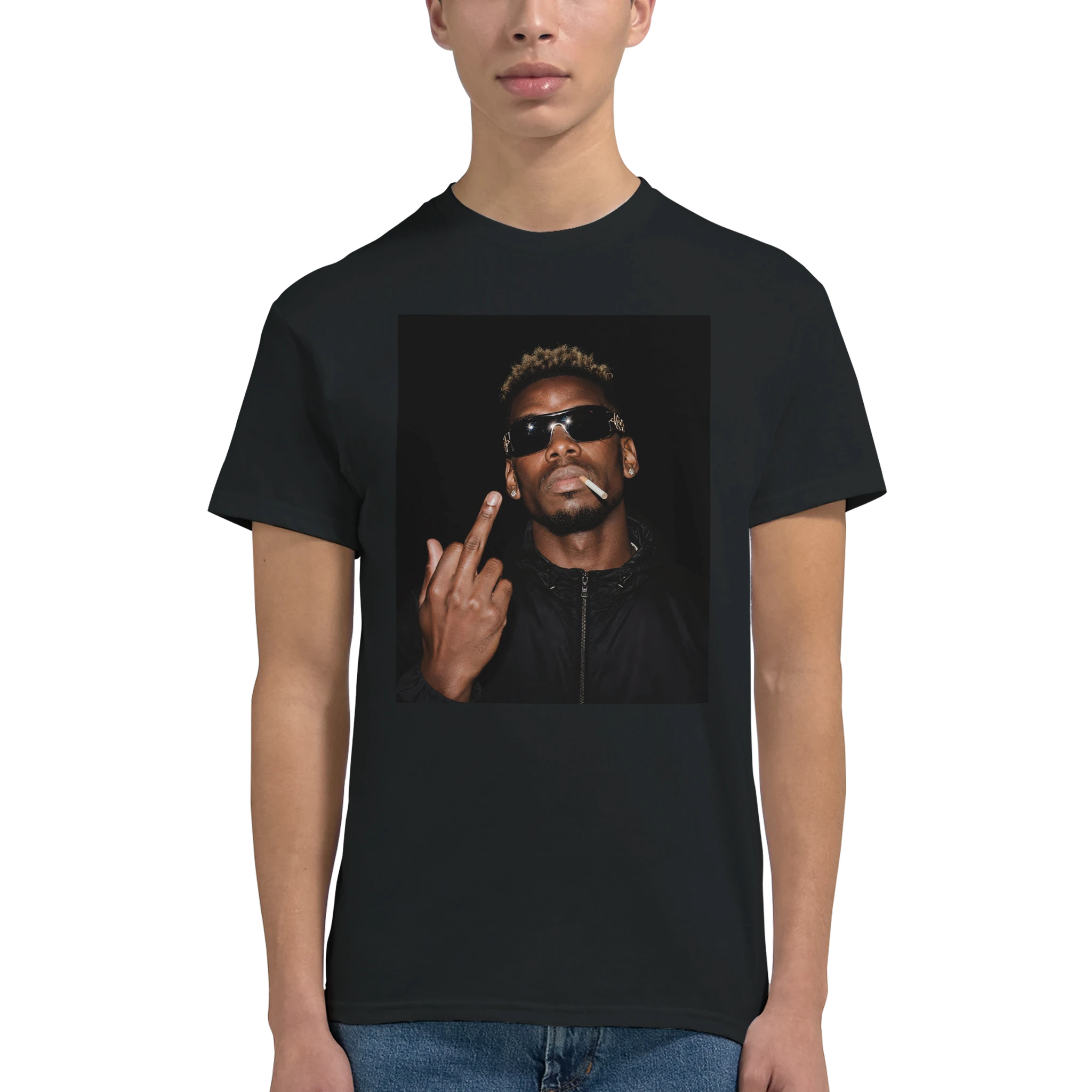 Black T-shirt with centered portrait graphic; man in sunglasses making a peace sign