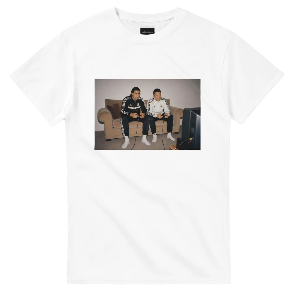 White T-shirt with front rectangular photo print of two men