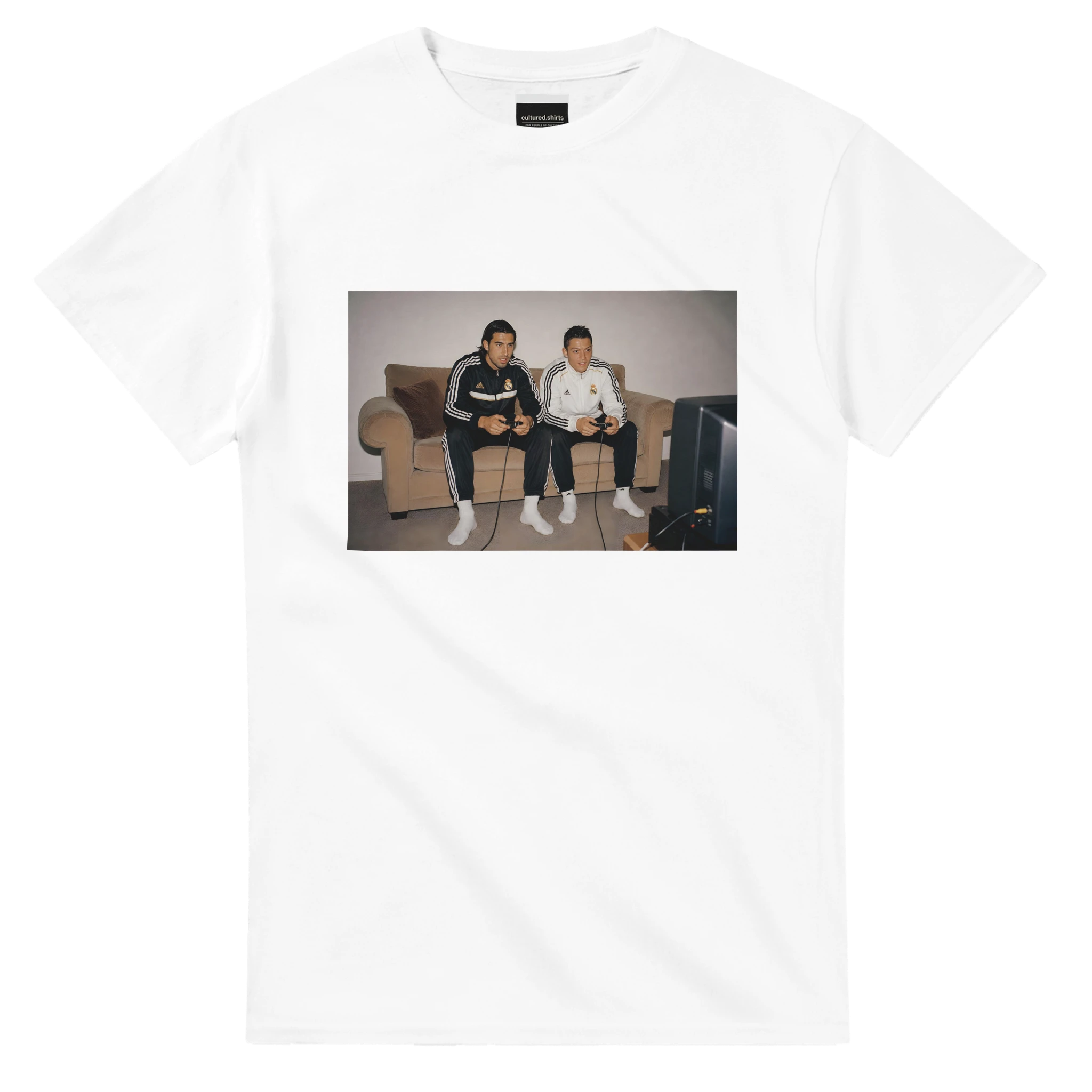 White T-shirt with front rectangular photo print of two men