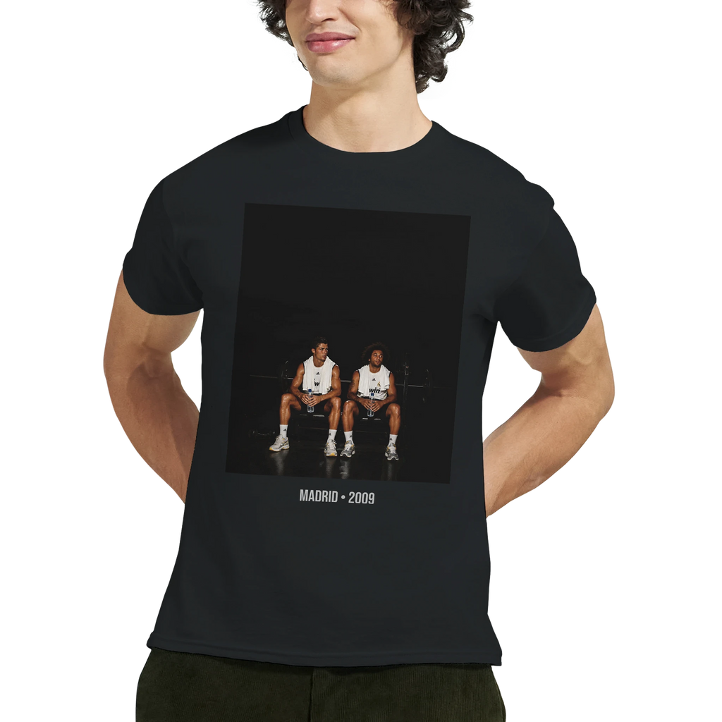 Black short-sleeve T-shirt with large front photo graphic of two soccer players, Madrid 2009