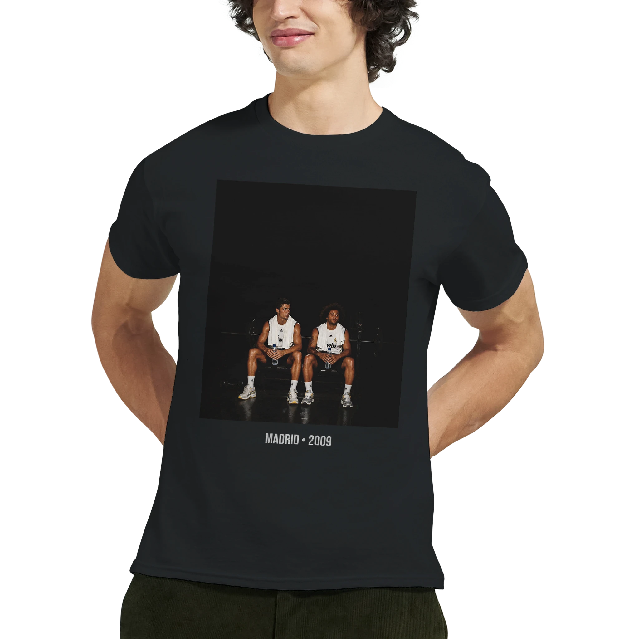 Black short-sleeve T-shirt with large front photo graphic of two soccer players, Madrid 2009