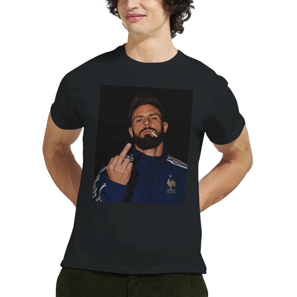 Black T-shirt with front portrait graphic of a bearded man in a blue jacket