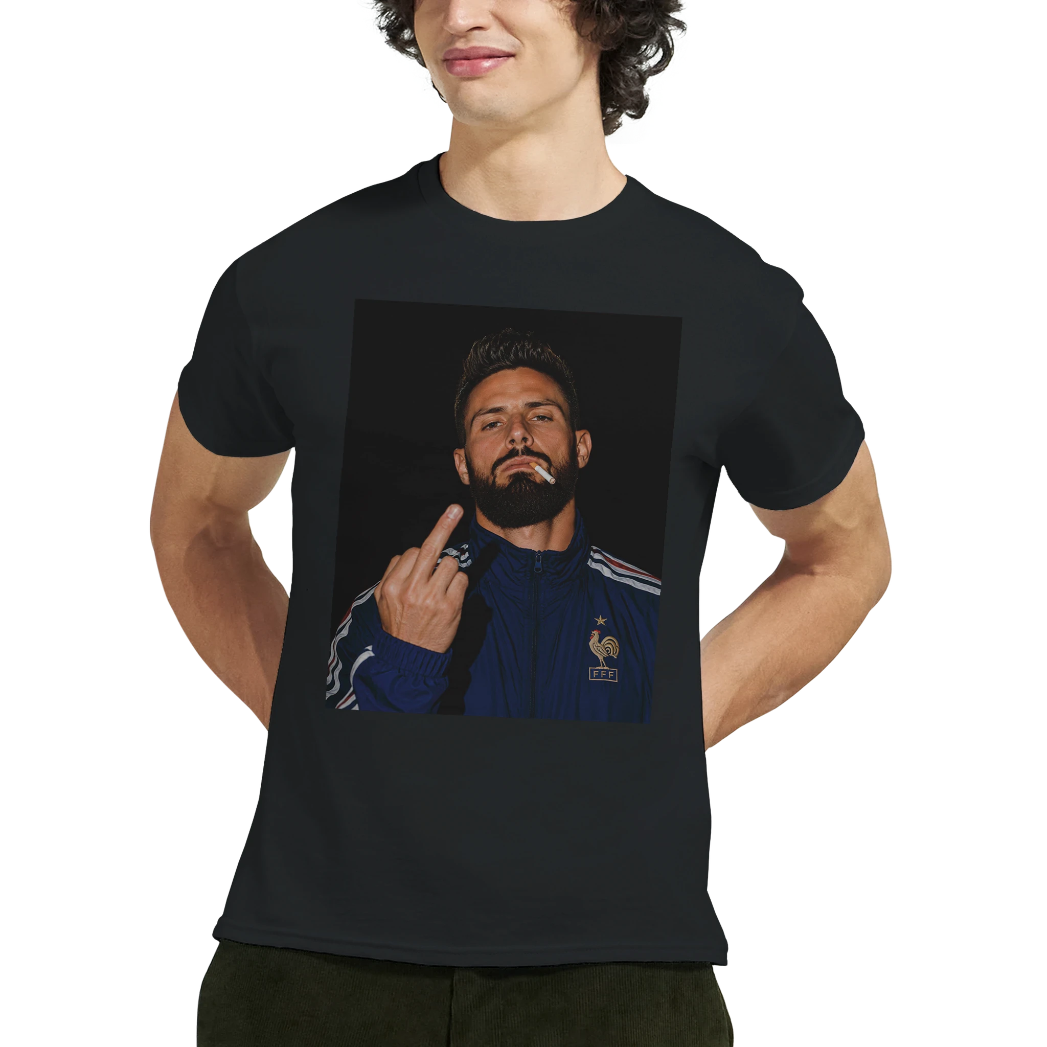 Black T-shirt with front portrait graphic of a bearded man in a blue jacket