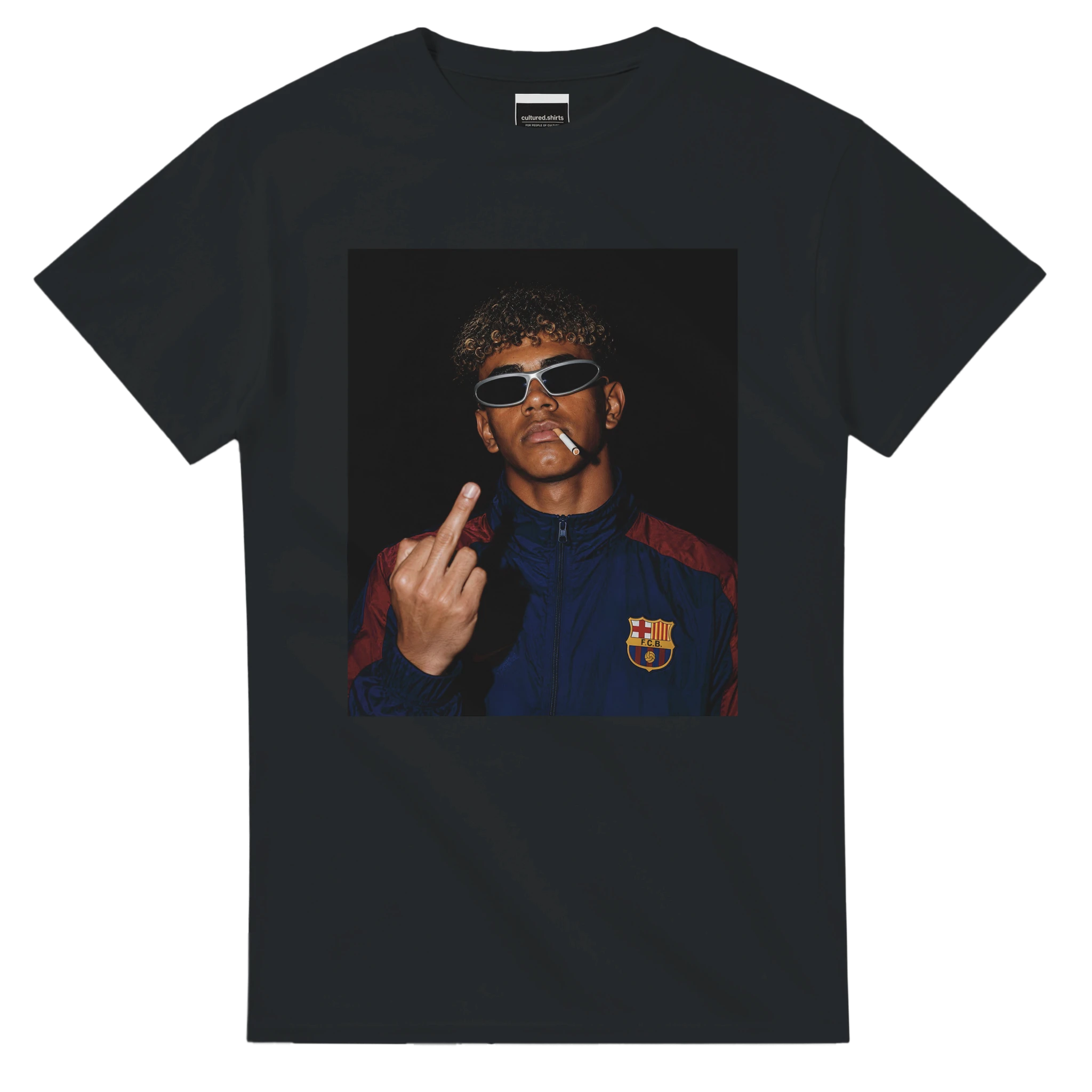 Black crewneck T-shirt with portrait graphic of man in sunglasses pointing