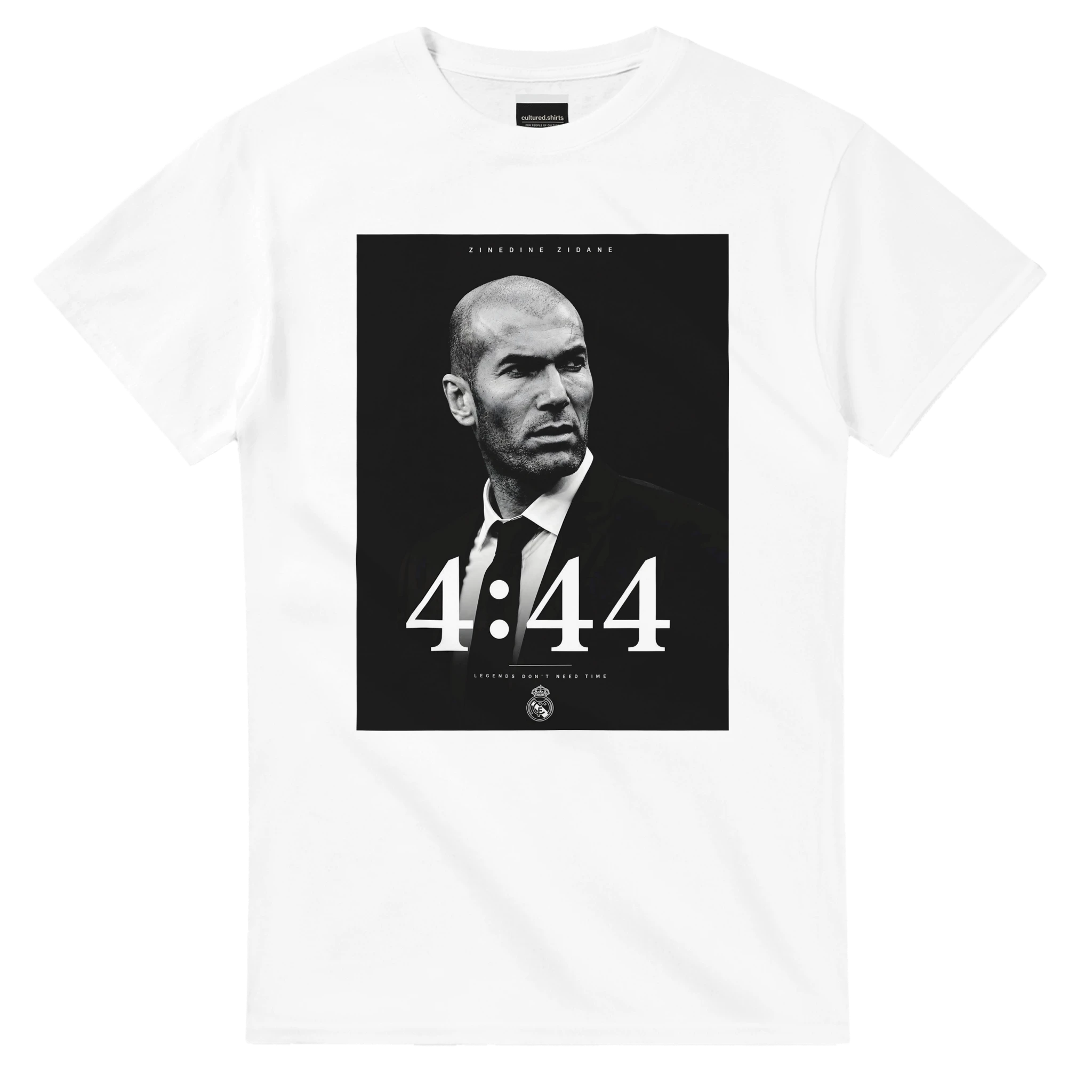 White Zinedine Zidane T-shirt with black square portrait graphic and '4:44' text