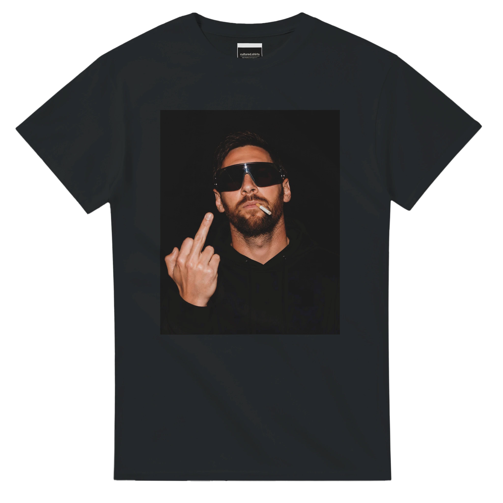 Black men’s T-shirt with square portrait graphic, sunglasses, and peace sign print