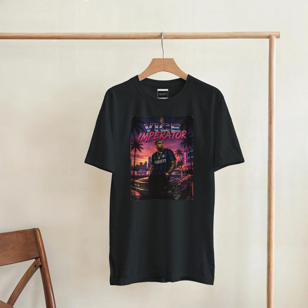 Black crewneck T-shirt with square street graphic print, hanging on a rack