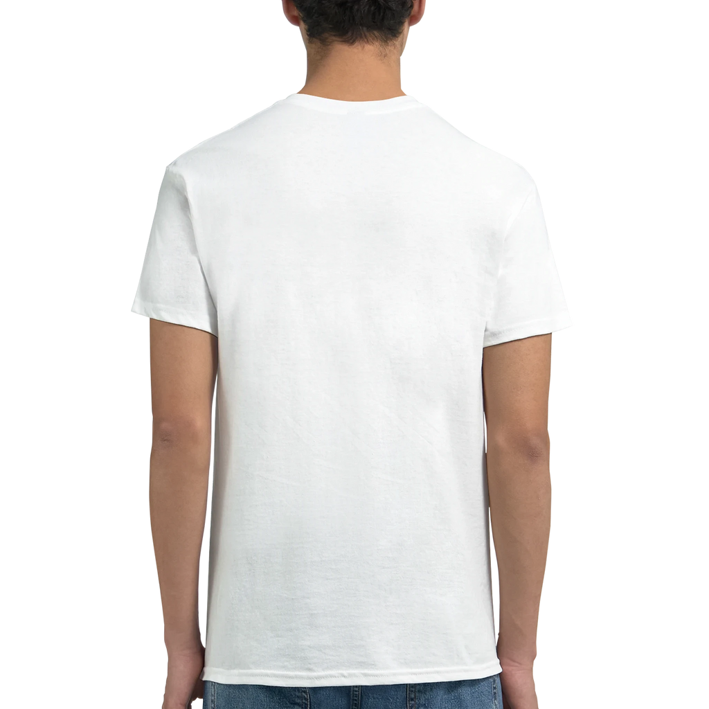 White T-shirt back view with short sleeves and crew neckline