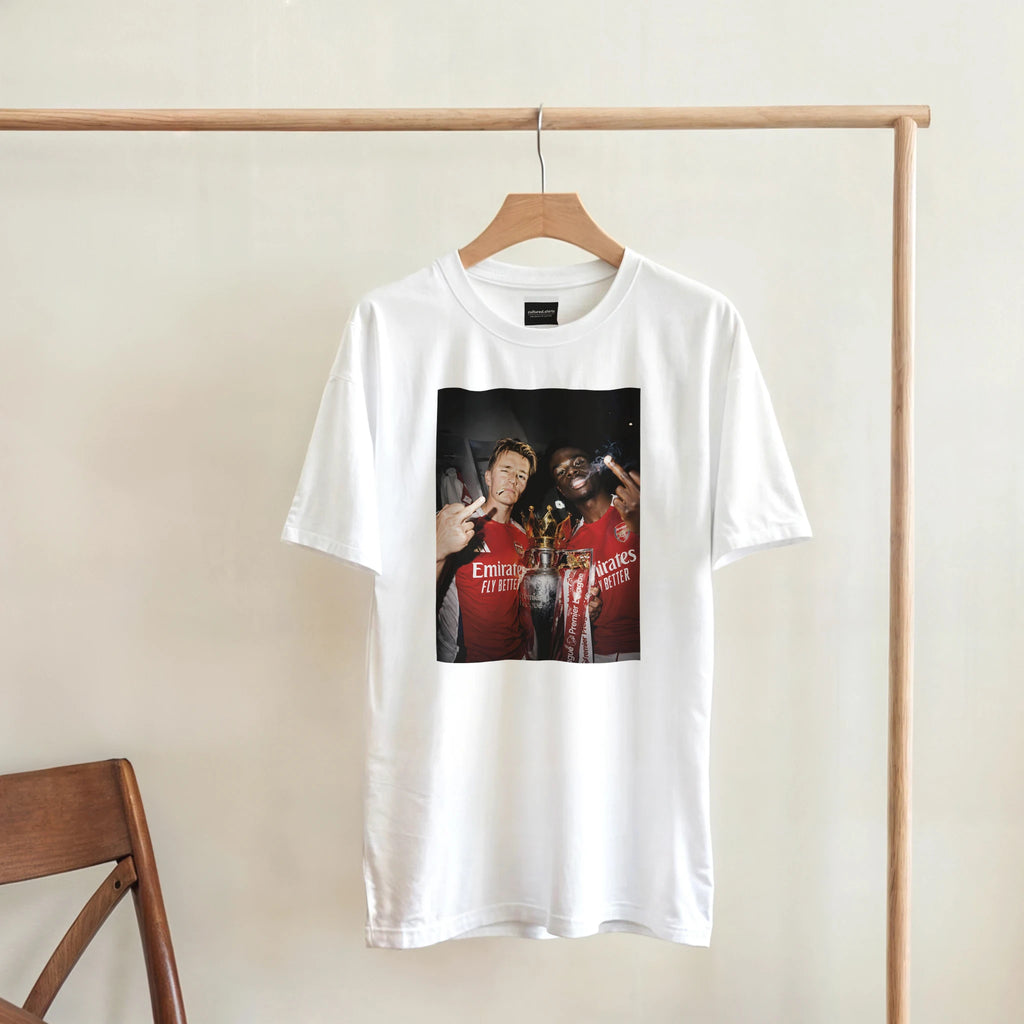 White T-shirt on hanger with front square photo graphic and trophy print