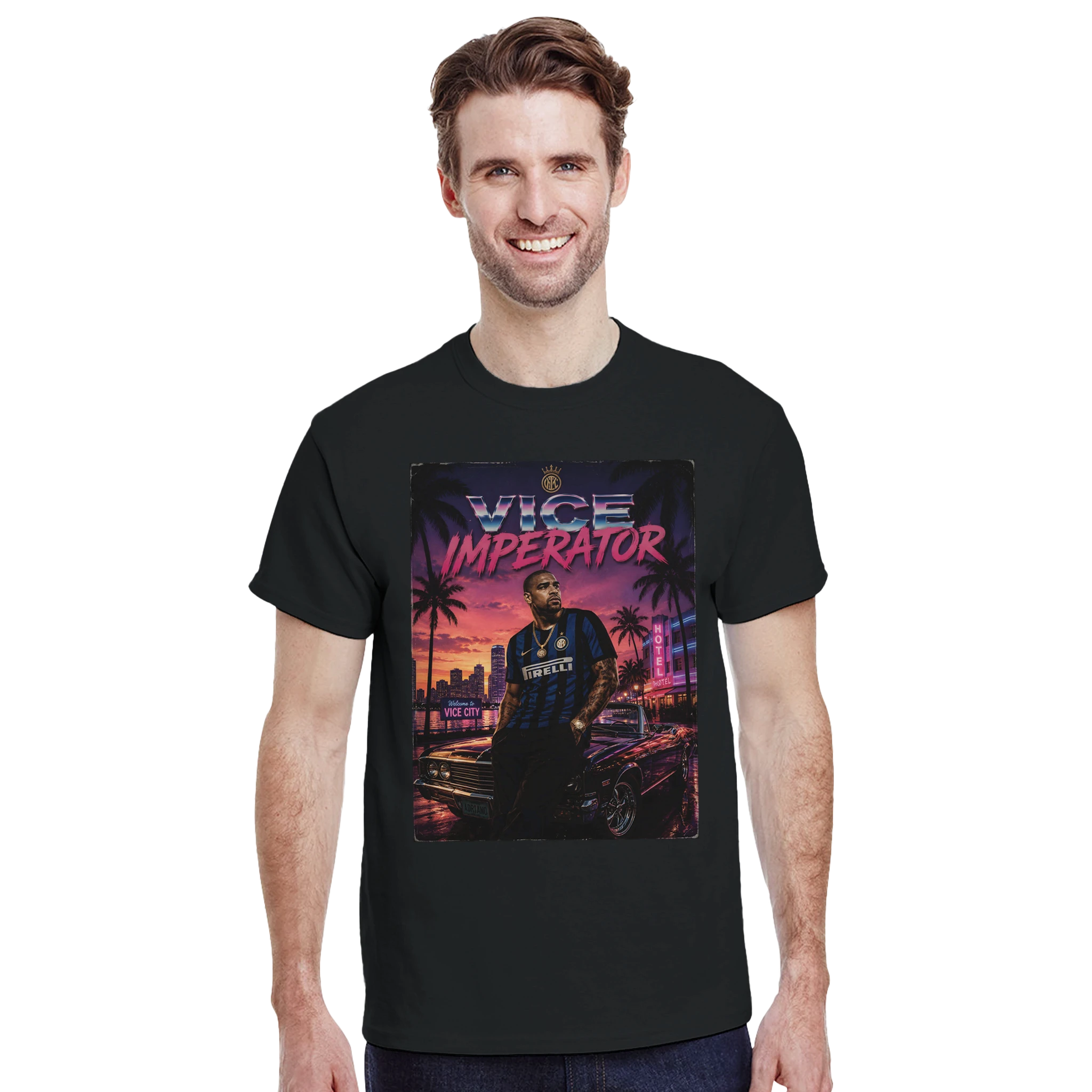 Black crewneck T-shirt with square street graphic print at center chest