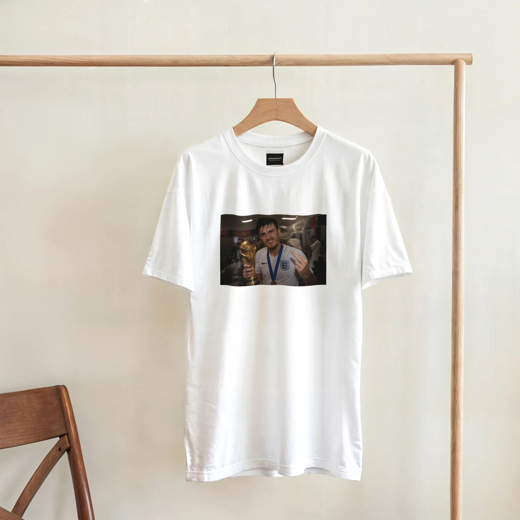 White crewneck T-shirt with rectangular front photo graphic on hanger