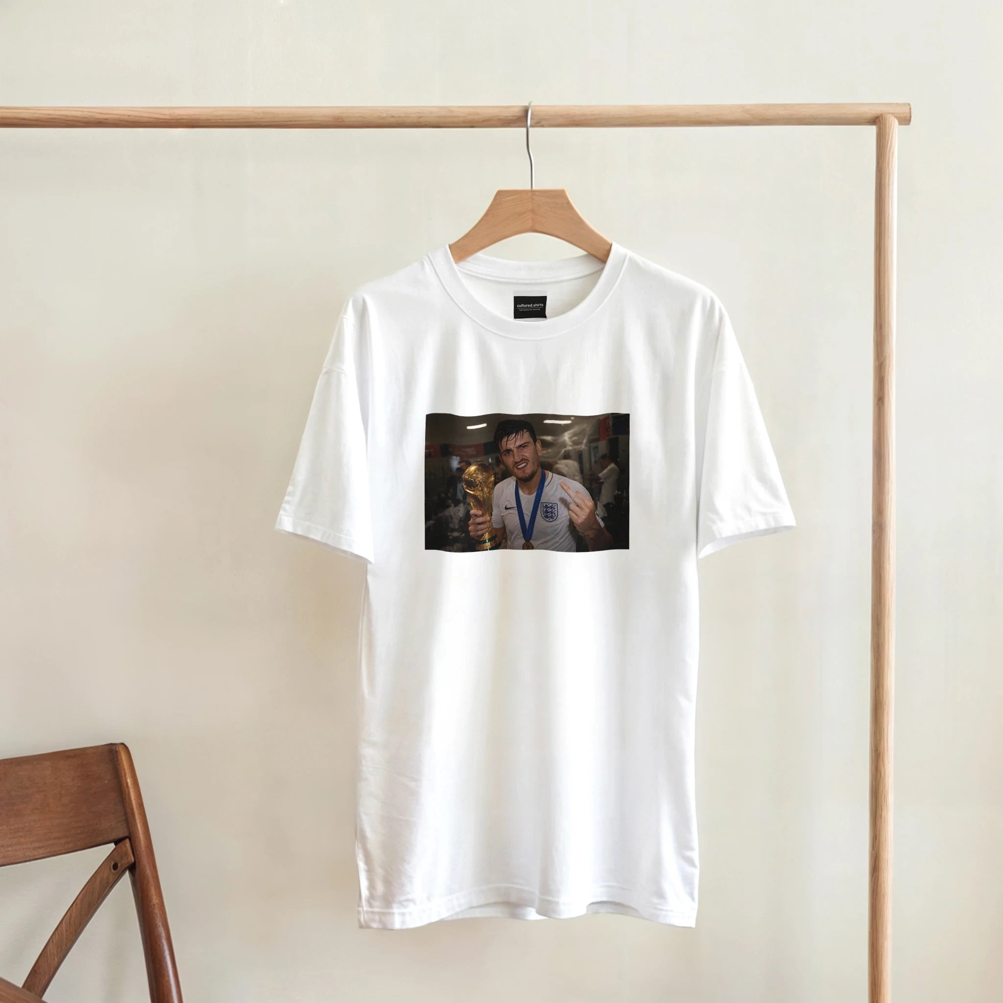 White crewneck T-shirt with rectangular front photo graphic on hanger