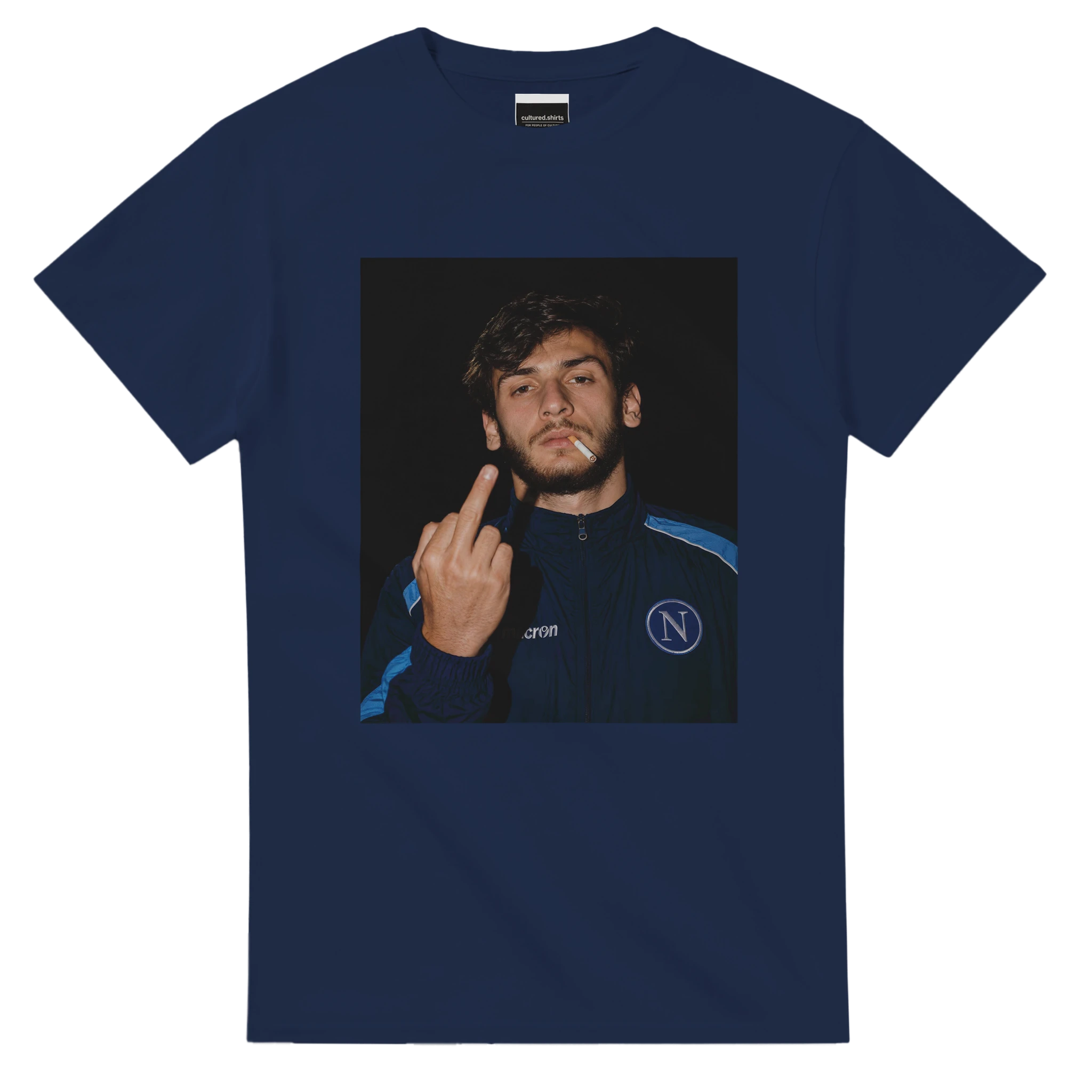Navy crewneck T-shirt with centered square portrait fan art graphic