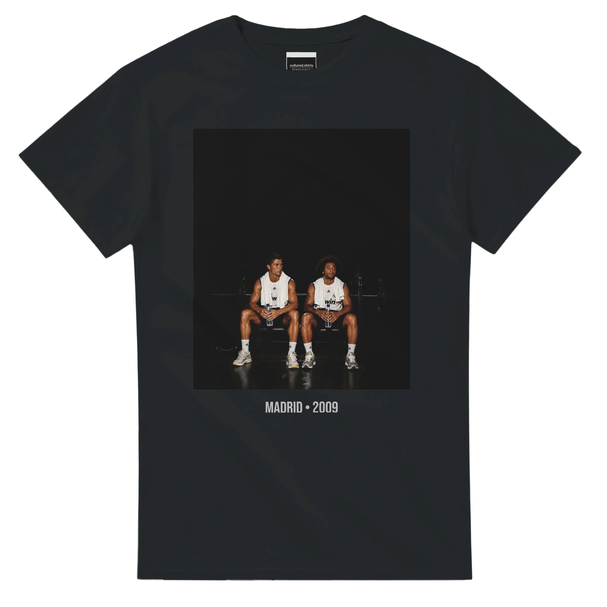 Black short-sleeve T-shirt with front graphic of two soccer players and text, Madrid 2009