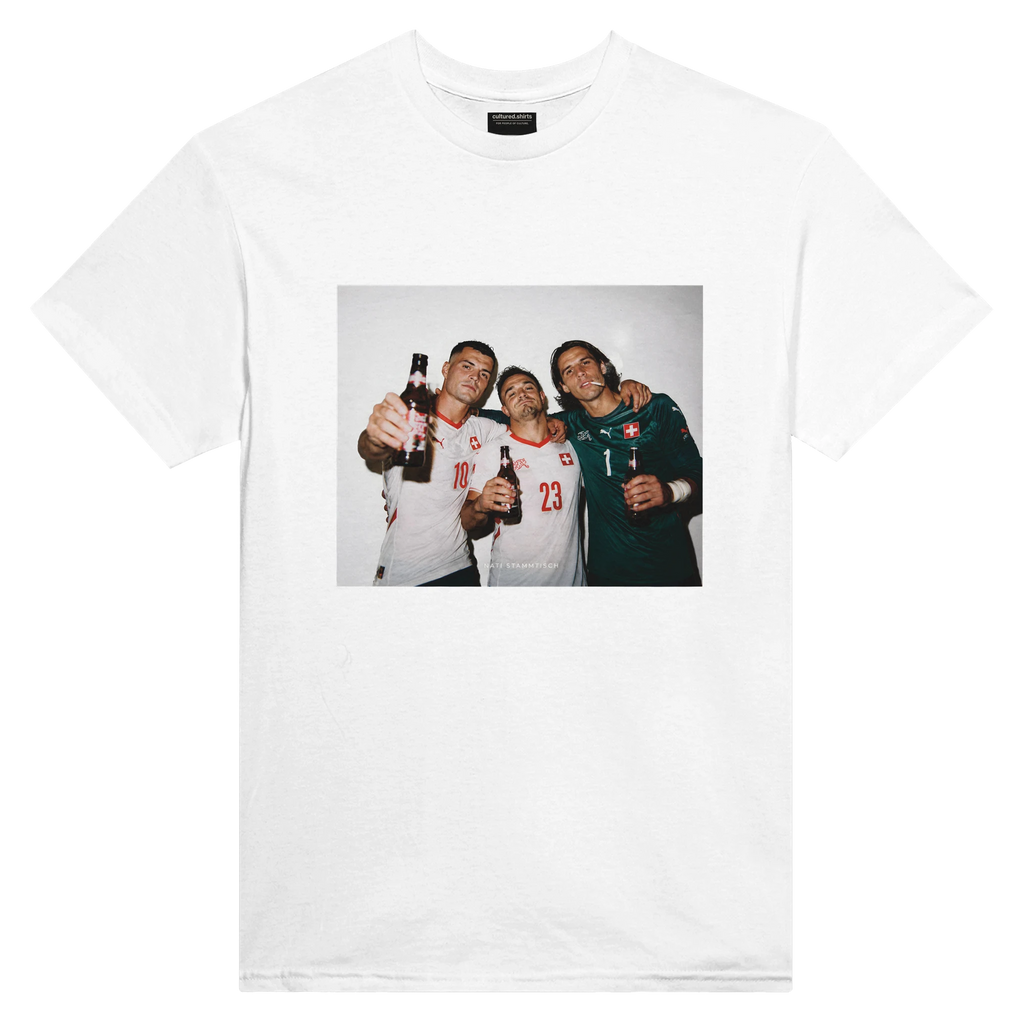 White short-sleeve crewneck graphic T-shirt with soccer players photo panel