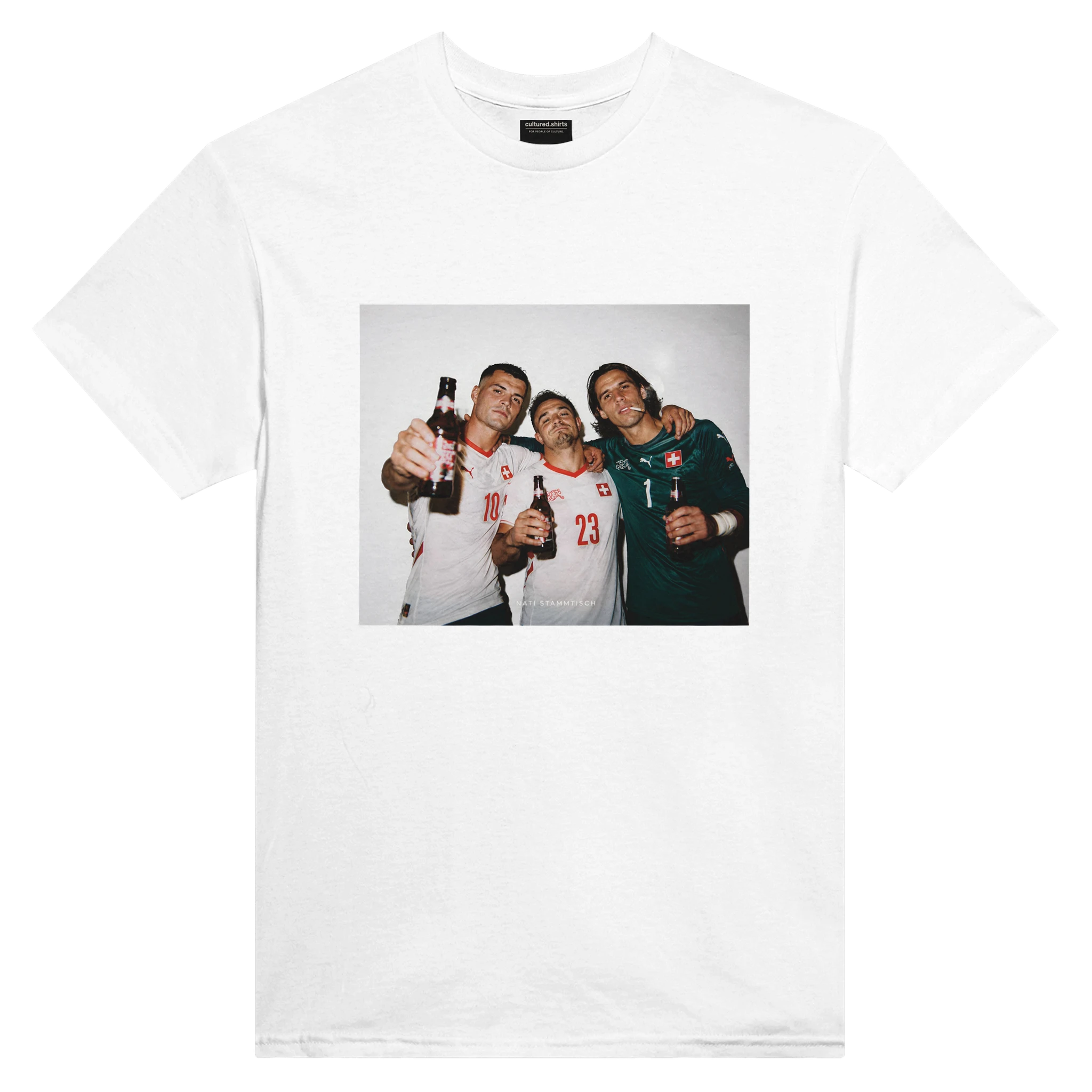 White short-sleeve crewneck graphic T-shirt with soccer players photo panel
