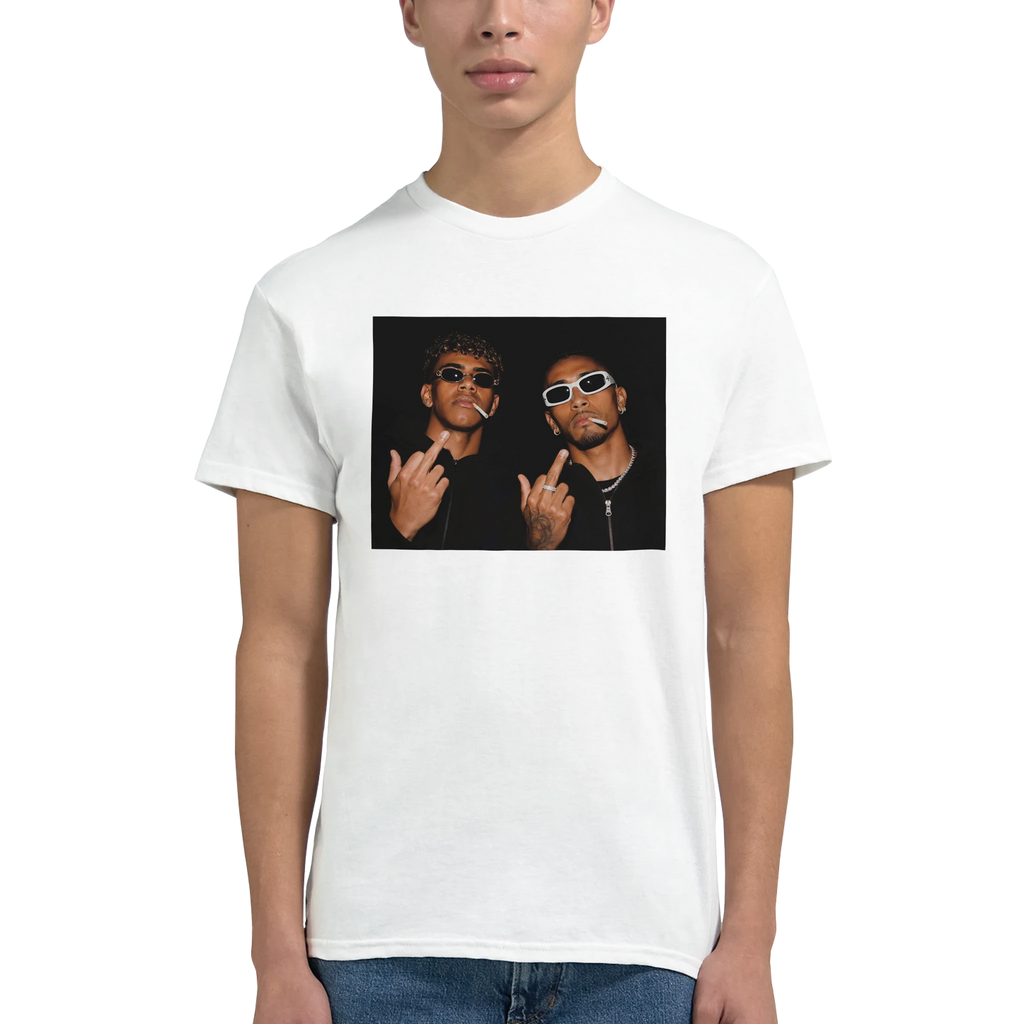 White cotton T-shirt on model with front rectangular photo graphic of two men posing